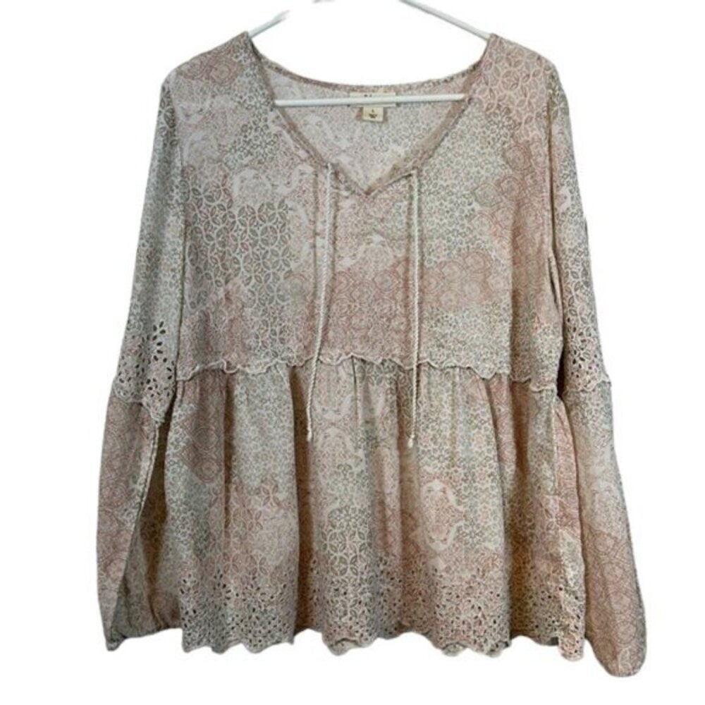 Style & Co Peasant Eyelet V-Neck Breezy Tunic Blouse Bohemian Large Euc #6523
